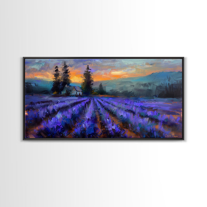 Lavender Field with Cottage, Warm Sunset Colors, Framed Canvas Print, Rustic Decor, Country Wall Art, Farmhouse Vibes