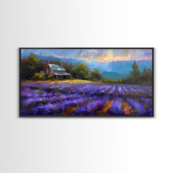 Lavender Field at Twilight, Dreamy Landscape Art, Framed Canvas Print, Boho Bedroom Decor, Purple Art, Rustic Wall Art