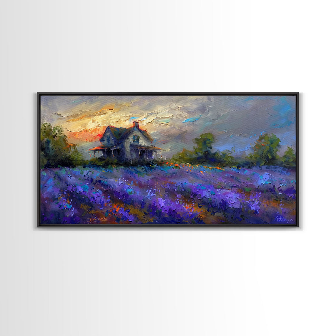 Country Cottage in Lavender Field, Impressionist Style, Framed Canvas Print, Farmhouse Decor, Cozy Art, Rustic Living Room