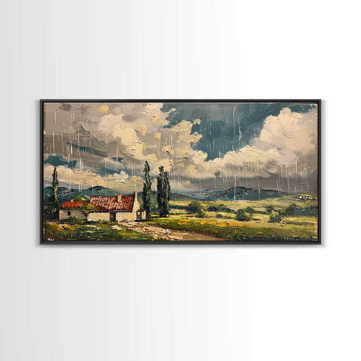 Rainy Day Over Cottage, Textured Landscape Art, Framed Canvas Print, Boho Decor, Farmhouse Style, Moody Wall Art