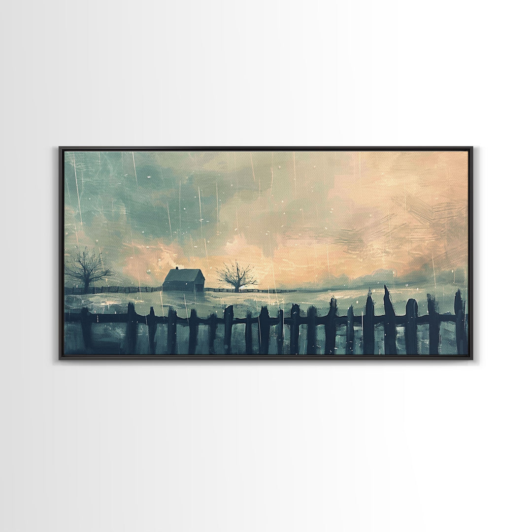 Winter Farmhouse in Snowy Landscape, Framed Canvas Print, Minimalist Wall Art, Living Room Art, Bedroom Decor, Winter Scene