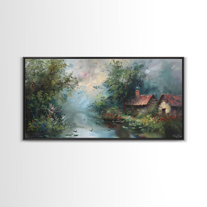 Serene River Cottage with Flowers, Framed Canvas Print, Farmhouse Style, Living Room Decor, Bedroom Art, Nature Scene