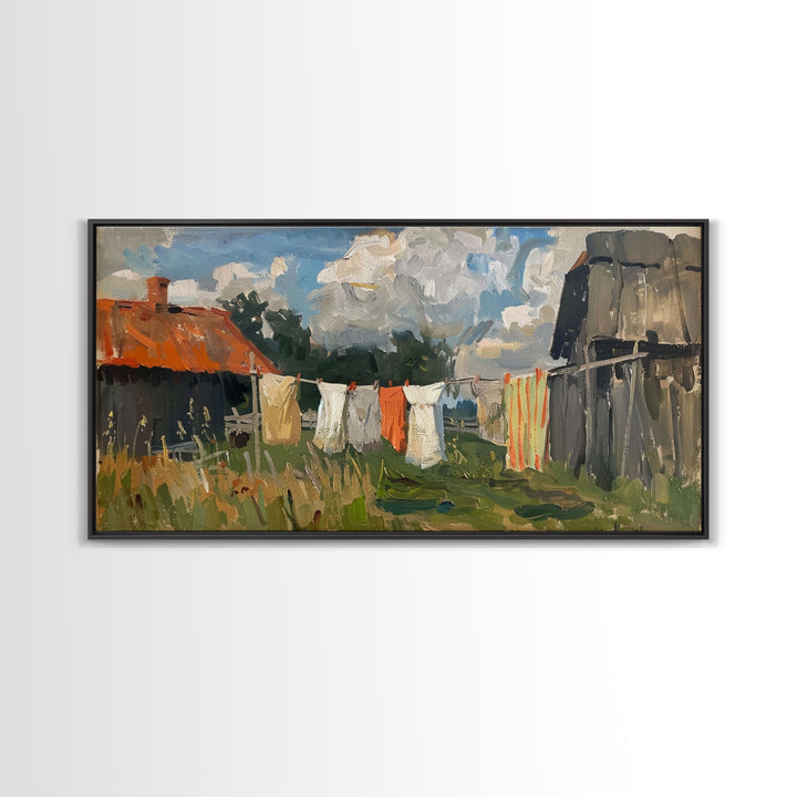 Clothesline with Rustic Farmhouse, Framed Canvas Print, Farmhouse Style, Living Room Art, Country Decor, Vintage Scene