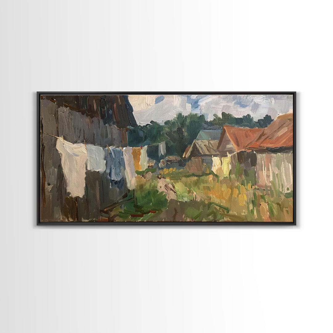 Rustic Farmyard with Laundry, Framed Canvas Print, Farmhouse Wall Art, Living Room Decor, Country Style, Outdoor Scene