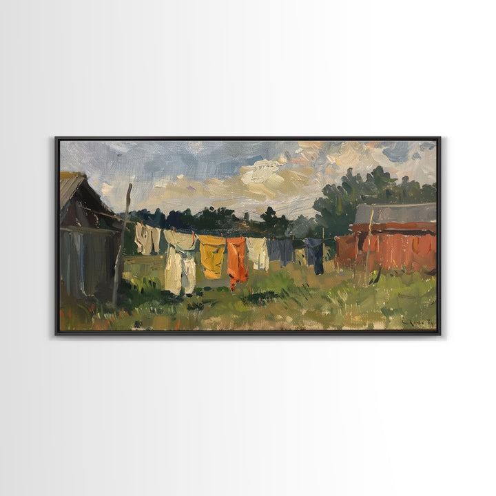 Sunny Day on the Farm with Clothesline, Framed Canvas Print, Rustic Wall Art, Living Room Decor, Farmhouse Style, Country Scene