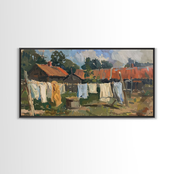 Rustic Homestead with Clothesline, Framed Canvas Print, Farmhouse Style, Living Room Art, Country Decor, Vintage Scene
