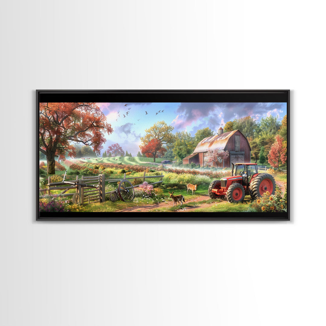 Tranquil Farm Scene with Red Barn and Tractor, Idyllic Rural Art, Framed Canvas Print, Country Wall Decor, Living Room Decoration