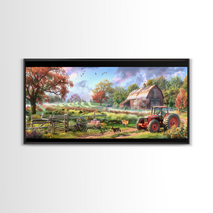 Tranquil Farm Scene with Red Barn and Tractor, Idyllic Rural Art, Framed Canvas Print, Country Wall Decor, Living Room Decoration