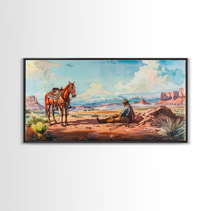 Cowboy Resting with Horse in Desert Landscape, Classic Western Art, Framed Canvas Print, Rustic Wall Decor, Living Room Decoration