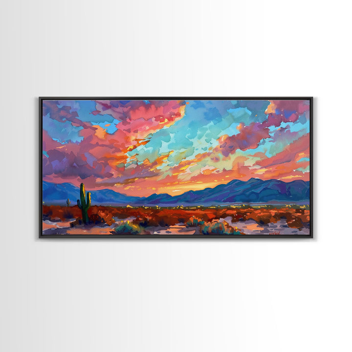 Road Through Desert at Sunset, Colorful Southwestern Art, Framed Canvas Print, Boho Wall Decor, Rustic Living Room Art, Desert Scene