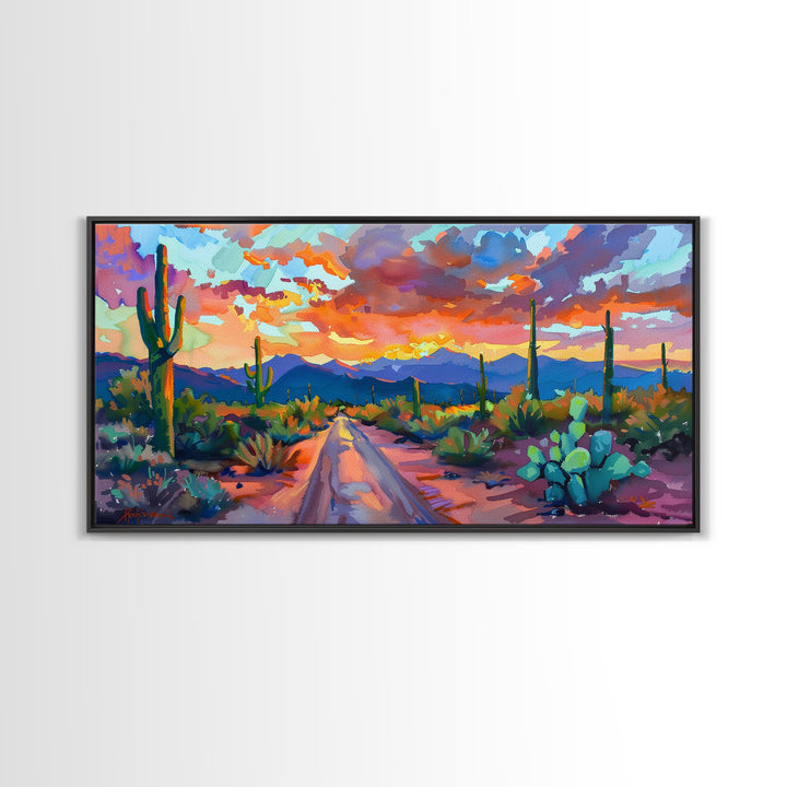 Cacti and Mountains Under Sunset Sky, Vibrant Southwestern Landscape Art, Framed Canvas Print, Boho Living Room Decor, Desert Scene