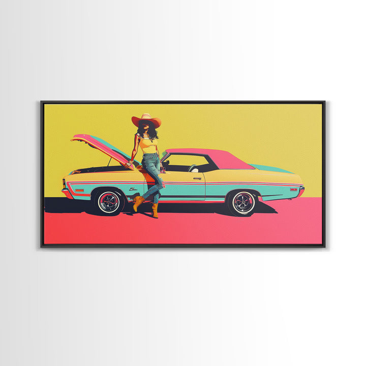 Colorful Pop Art Cowgirl with Classic Car, Framed Canvas Print for Living Room, Bright Bedroom Wall Art, Unique Home Decor