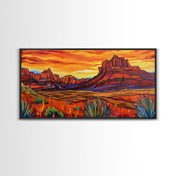 Colorful Desert Sunset with Saguaro Cacti, Framed Canvas Print for Living Room Art, Ideal for Southwestern and Boho Decor