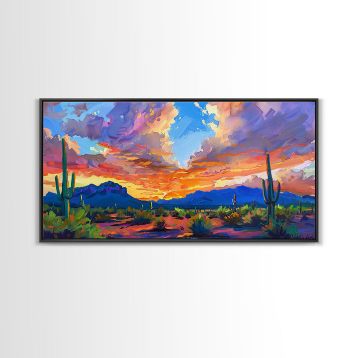 Stunning Desert Sunset with Cacti Silhouettes, Framed Canvas Print for Bedroom Art, Great for Boho and Southwestern Decor