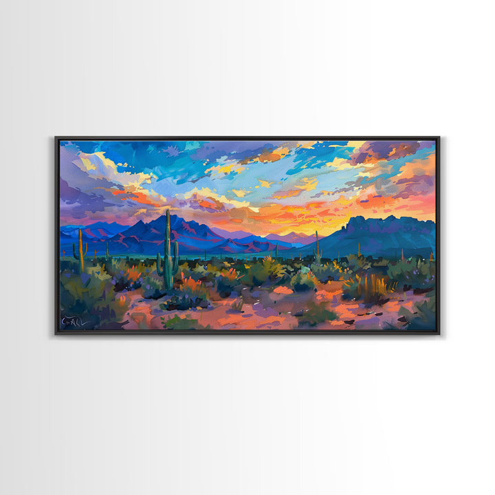 Monument Valley Sunset with Tall Cacti, Framed Canvas Print for Living Room Art, Perfect for Boho and Southwestern Decor