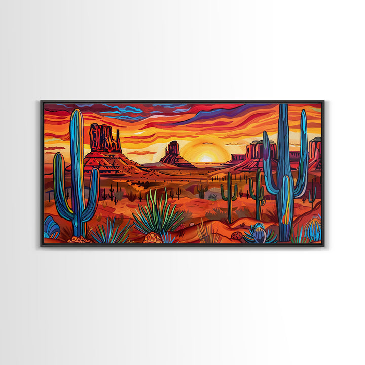 Colorful Desert Evening with Cacti and Mountains, Framed Canvas Print for Bedroom Art, Great for Boho and Southwestern Decor