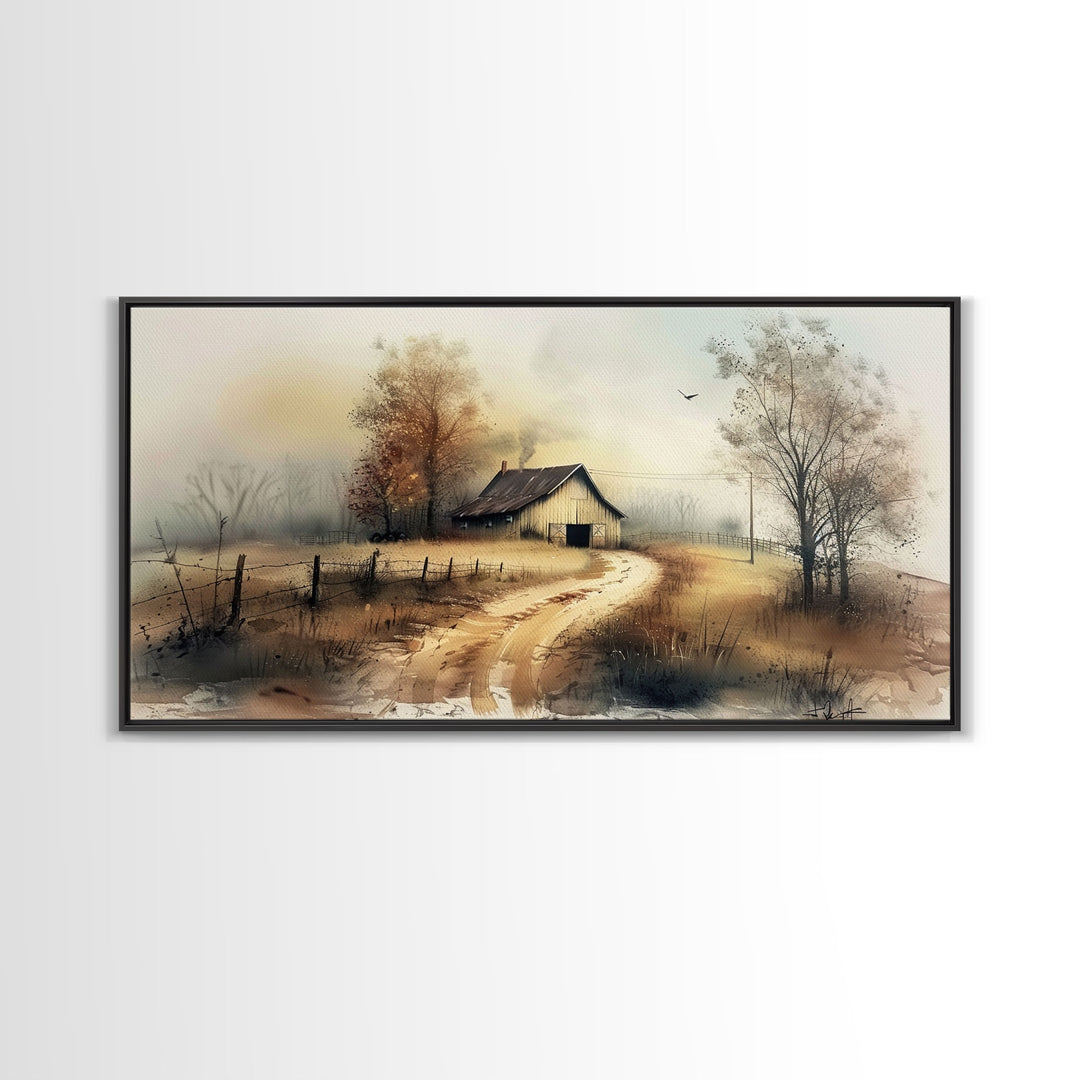 Misty Morning Farmhouse with Winding Path, Beautiful Framed Canvas Print for Bedroom, Boho Wall Art, Countryside Decor