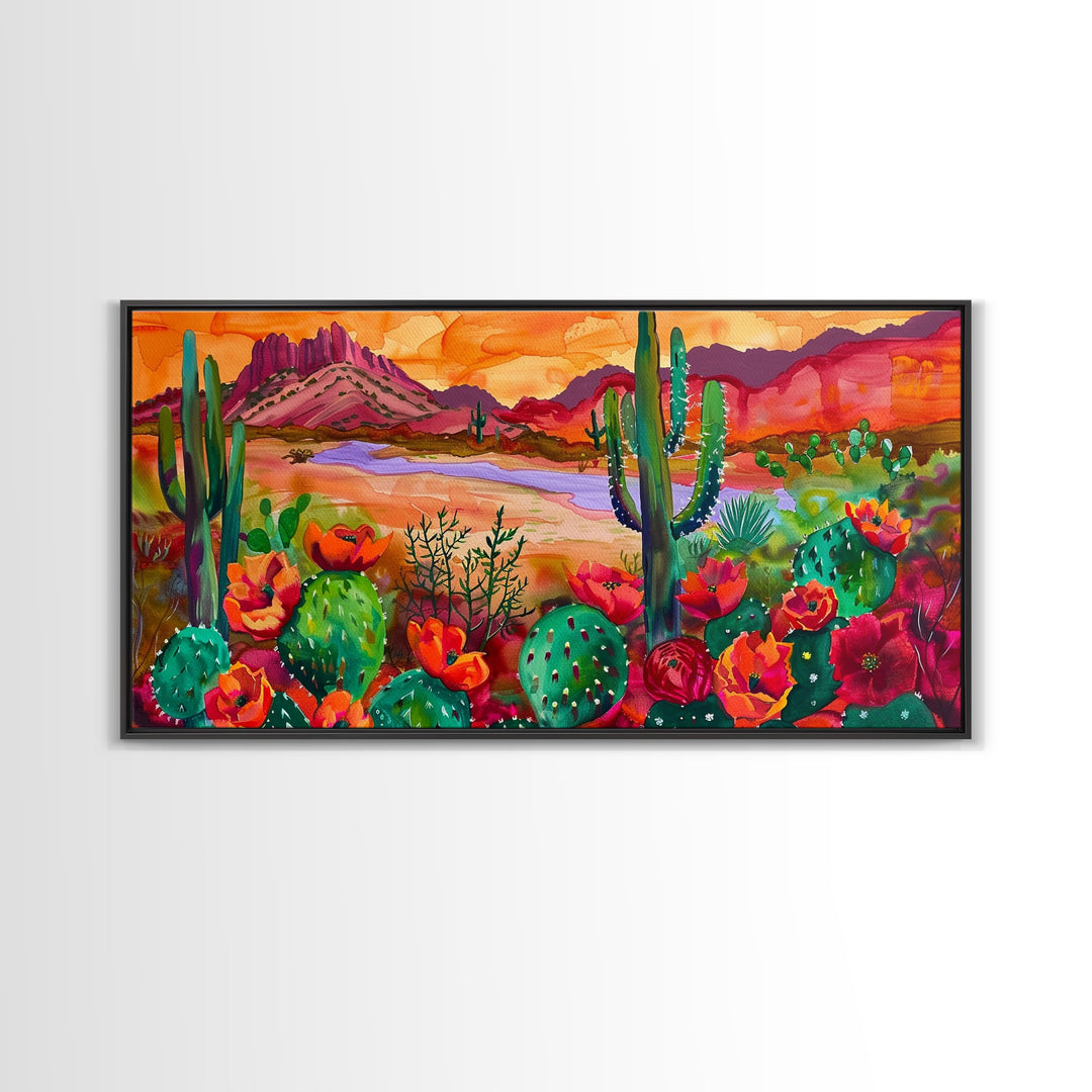 Majestic Cacti and Mountains at Sunset, Captivating Framed Canvas Print for Bedroom, Southwestern Style Wall Art, Nature Scene
