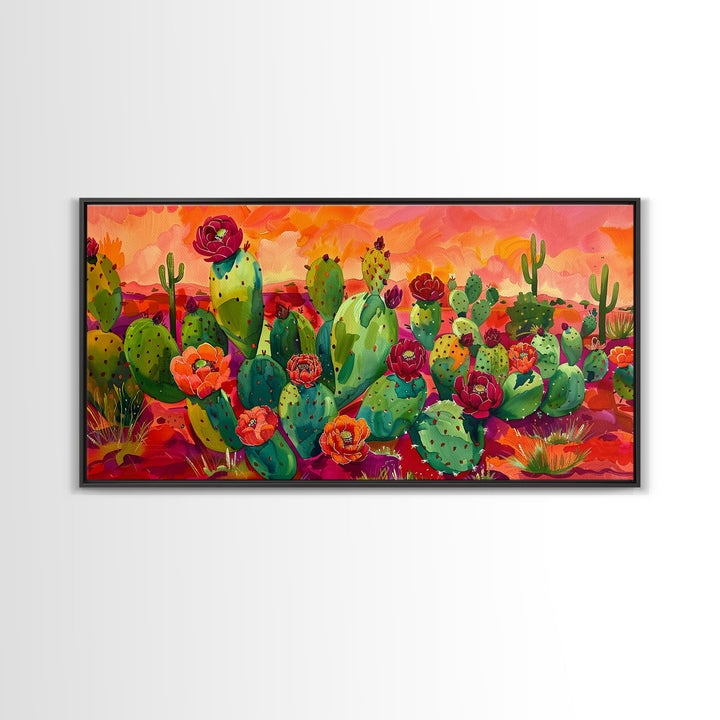 Bright Desert Flowers and Cacti with Mountains, Vibrant Framed Canvas Print for Home, Boho Wall Art, Nature Lover's Decor
