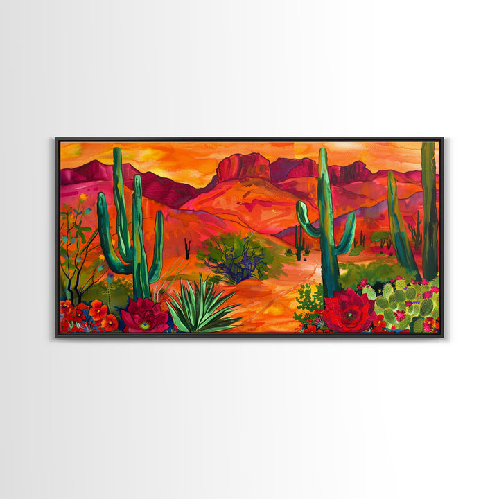 Colorful Desert Landscape with Cacti and Mountains, Stunning Framed Canvas Print for Living Room, Boho Wall Art, Nature Decor