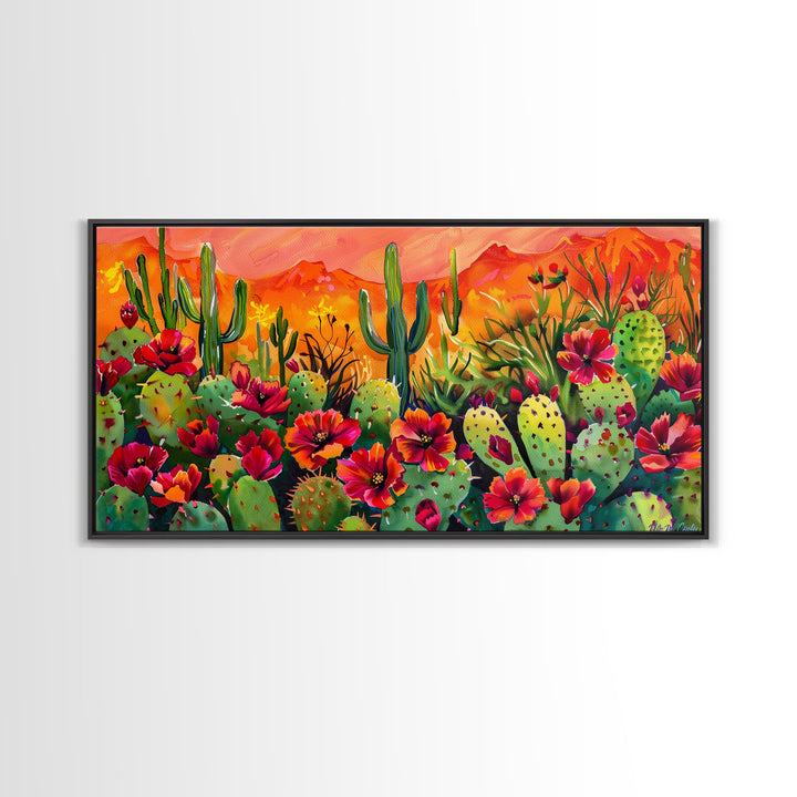 Colorful cactus garden in desert sunset, Framed Canvas Print, perfect for farmhouse living room, bohemian wall art