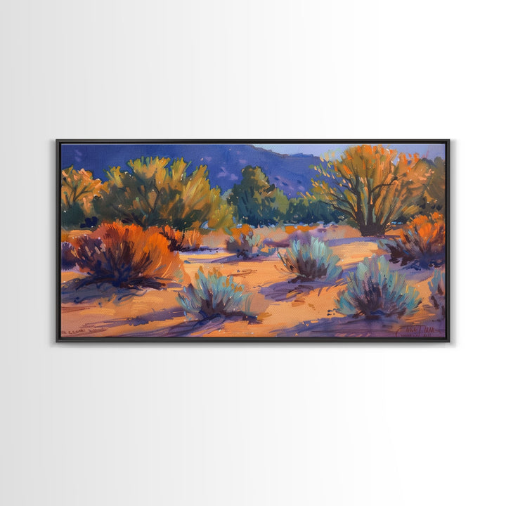 Colorful desert scene with distant mountains, Framed Canvas Print, ideal for minimalist living room, boho wall art decor