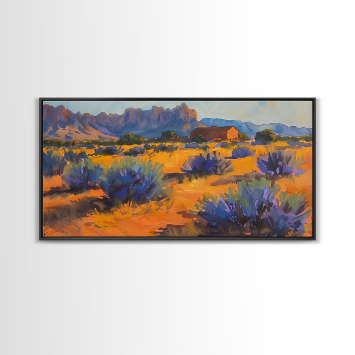 Rustic Barn in Desert Scene, Stunning Wall Art for Bedroom, Framed Canvas Print, Boho Style, Minimalist Home Decoration