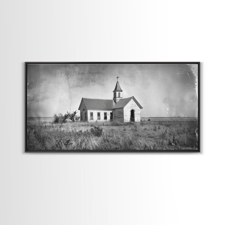 Vintage Country Church in Open Field, Framed Canvas Print for Living Room Decor, Perfect Bedroom Art, Rustic Western Wall Art