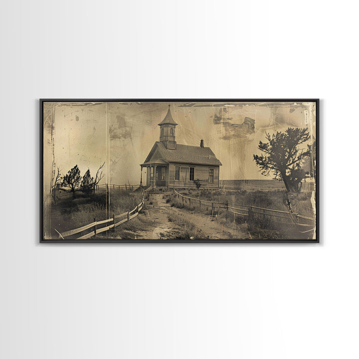 Old Country Church with Fenced Path, Framed Canvas Print for Living Room Decor, Perfect Bedroom Wall Art, Vintage Western Scene