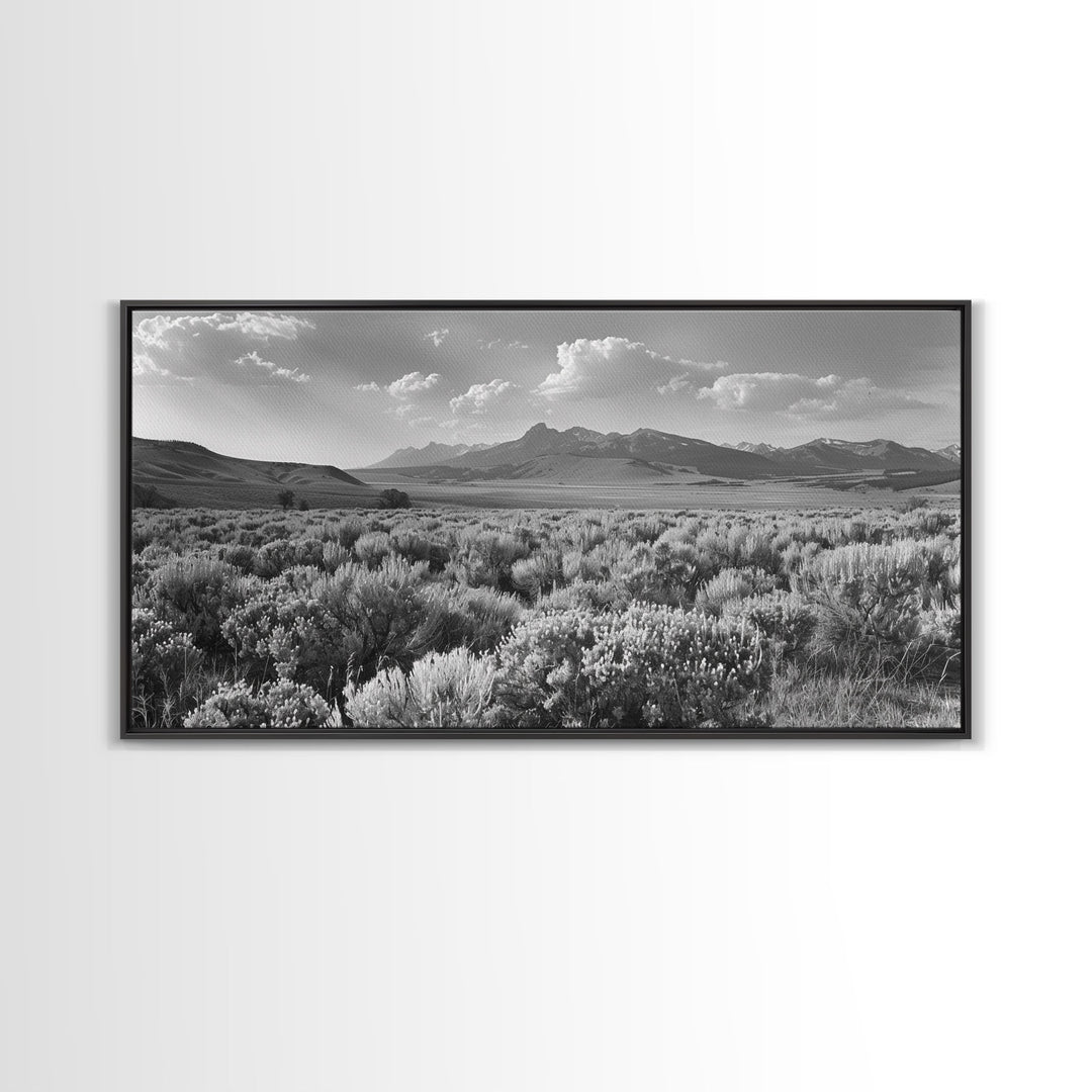 Mountain Range with Rolling Hills and Sagebrush, Framed Canvas Print Farmhouse Living Room Wall Art, Rustic Home Decor, Scenic Landscape Art