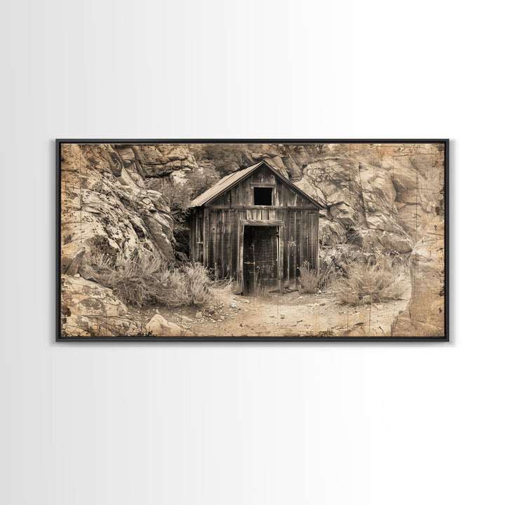 Old Wooden Shack in Rocky Terrain, Farmhouse Style Framed Canvas Print for Bedroom Art, Historical Home Decoration, Rustic Wall Art Piece