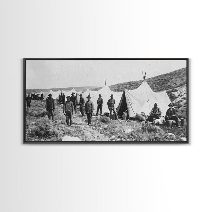 Military Camp with Tents and Soldiers, Farmhouse Style Framed Canvas Print for Historical Home Decor, Living Room Wall Art, Vintage Scene