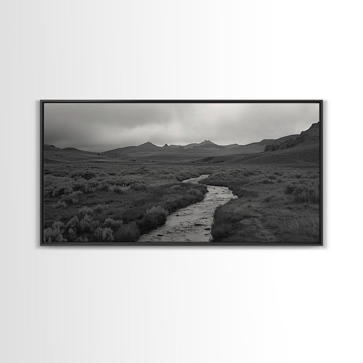 River and Rolling Hills Under Cloudy Sky, Black and White Framed Canvas Print Rustic Farmhouse Living Room Decor, Landscape Art, Home Decor