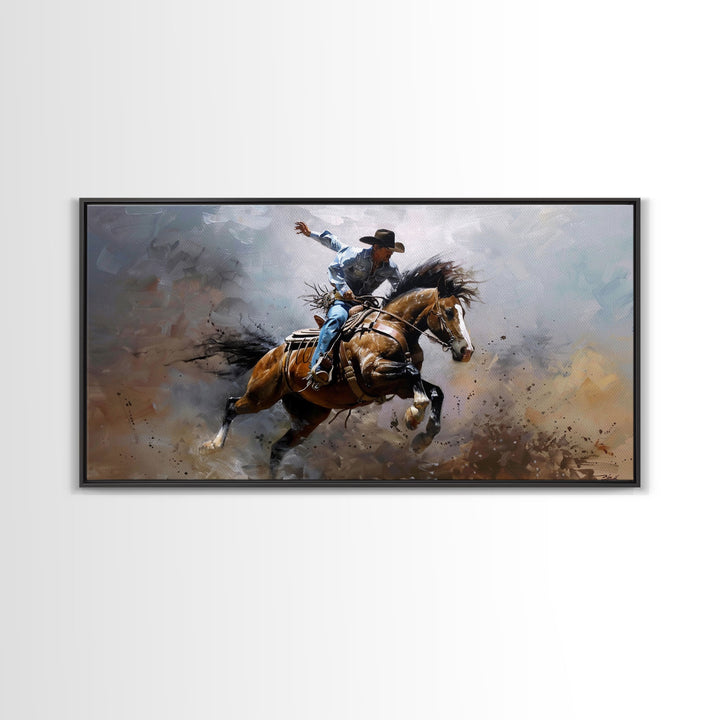 Colorful Rodeo Rider in Action on Framed Canvas Print, Perfect for Rustic Living Room Art, Western Bedroom Decor, Cowboy Wall Art