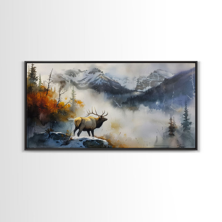 Majestic Elk in Misty Mountains, Framed Canvas Print, Perfect for Living Room Art, Rustic Bedroom Decor, Nature Wall Art, Wildlife Scene