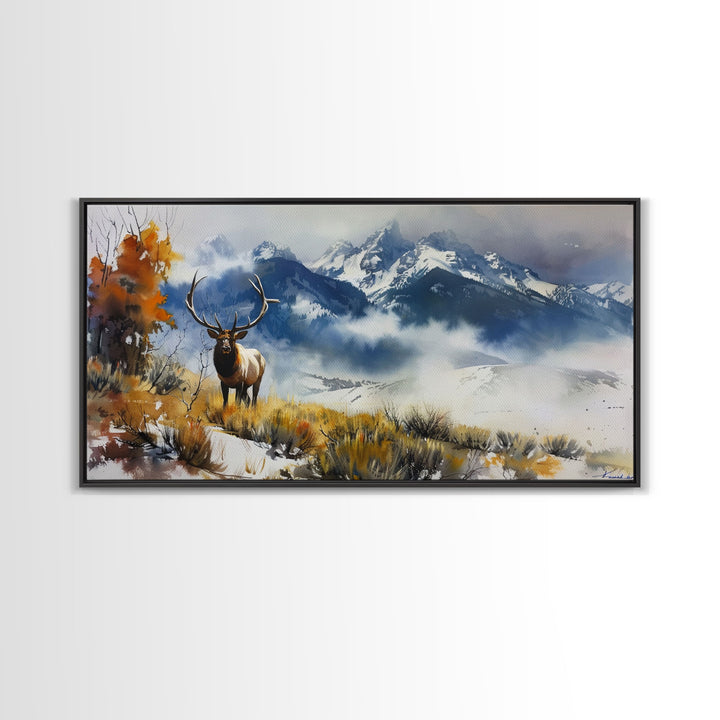 Majestic Elk in Mountain Landscape with Fall Foliage, Stunning Framed Canvas Print, Living Room Art, Rustic Bedroom Decor, Wall Art