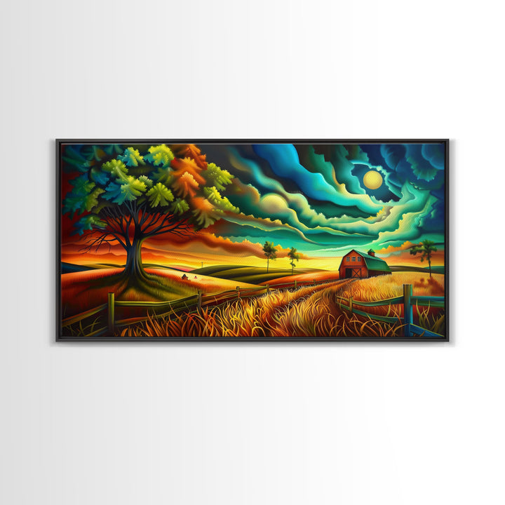 Vivid Abstract Farm Landscape with Dramatic Sky, Perfect Wall Art, Framed Canvas Print for Living Room or Bedroom Decor, Colorful Nature Art