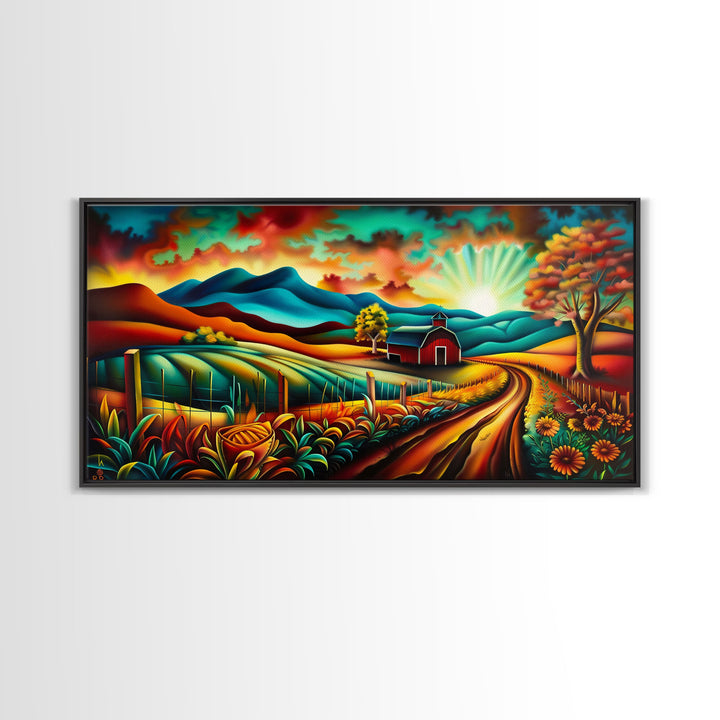 Colorful Farm Scene with Sunrise Over Mountains, Perfect Wall Art, Framed Canvas Print for Living Room or Bedroom Decor, Vibrant Nature Art