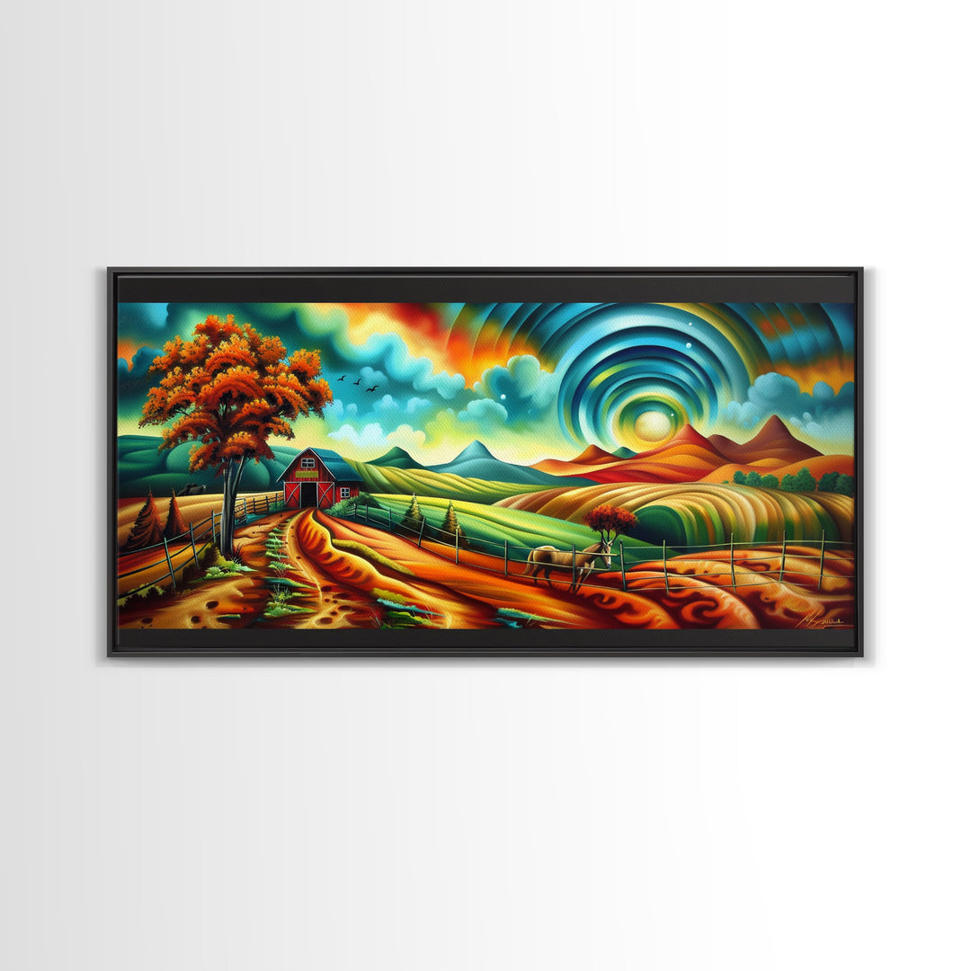 Colorful Abstract Farm Landscape with Rolling Hills, Perfect Wall Art, Framed Canvas Print Living Room or Bedroom Decor, Vibrant Nature Art