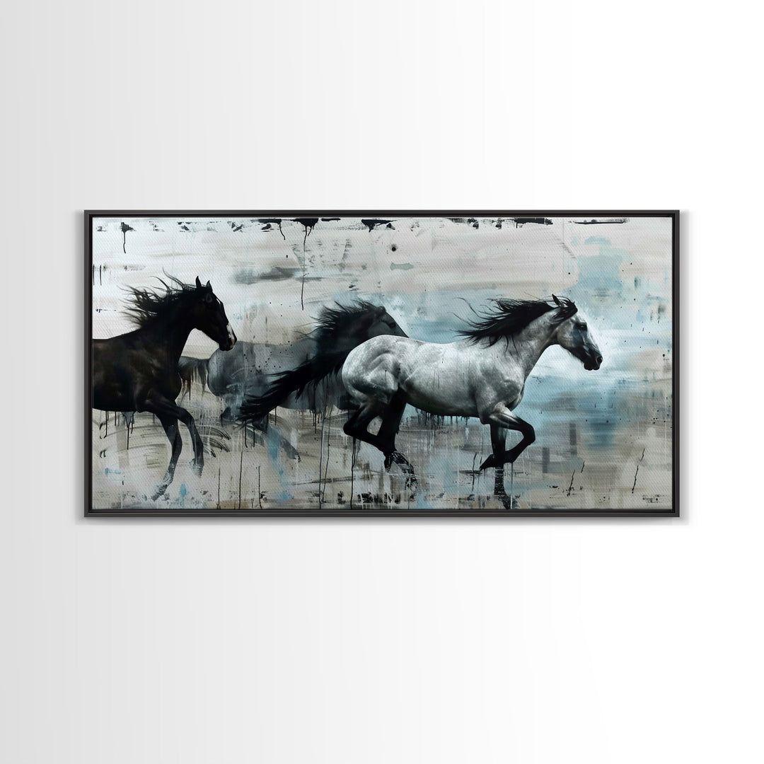 Black and White Horses Running in Abstract Landscape, Ideal Wall Art, Framed Canvas Print for Living Room or Bedroom Decor, Colorful Art
