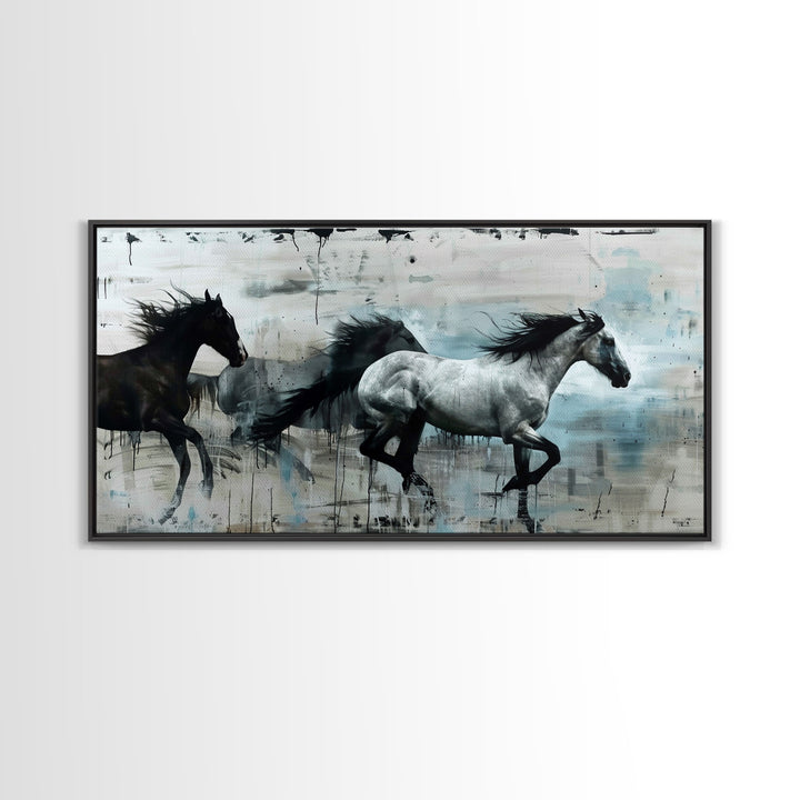 Black and White Horses Running in Abstract Landscape, Ideal Wall Art, Framed Canvas Print for Living Room or Bedroom Decor, Colorful Art