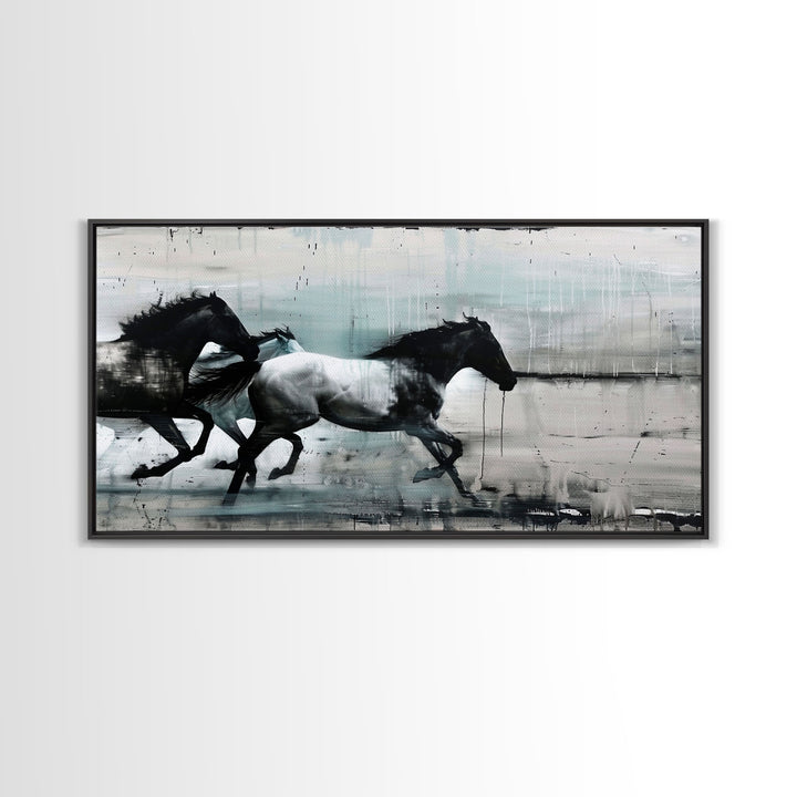 Colorful Abstract Horses Running, Black and White Wall Art, Framed Canvas Print for Living Room or Bedroom Decor, Equestrian Art