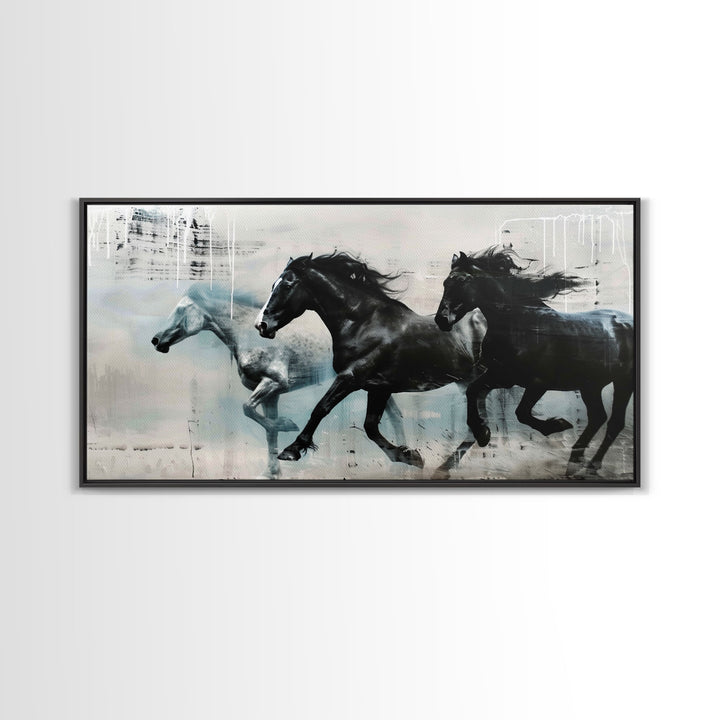Galloping Horses in Monochrome Abstract Landscape, Perfect Wall Art, Framed Canvas Print for Living Room or Bedroom Decor, Equestrian Art