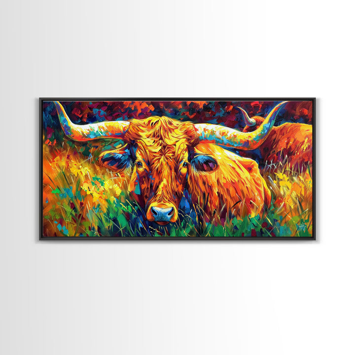 Herd of Cattle in Bright Colors, Ideal for Living Room Art, Framed Canvas Print, Bedroom Decor, Home Decoration, Contemporary Farmhouse Art