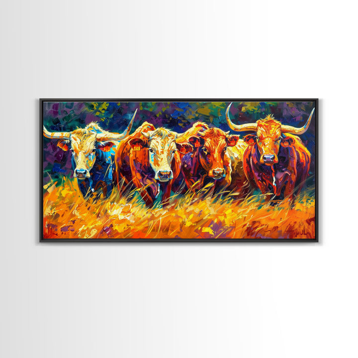 Bold and Colorful Bull Portrait, Perfect for Living Room Art, Framed Canvas Print, Bedroom Decor, Home Decoration, Vibrant Animal Art