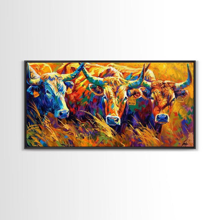 Expressive Cattle in Bright Colors, Ideal for Living Room Art, Framed Canvas Print, Bedroom Decor, Home Decoration, Unique Farmhouse Decor