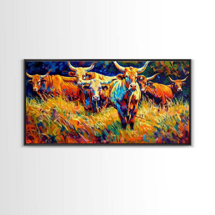 Beautiful Herd of Cattle in Colorful Style, Living Room Art, Framed Canvas Print, Bedroom Decor, Home Decoration, Artistic Farmhouse Decor