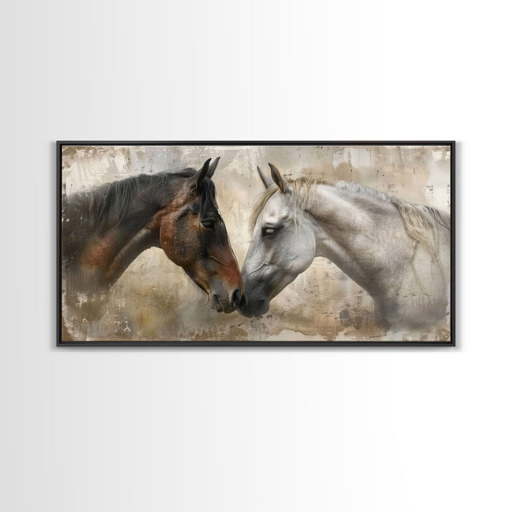 Spotted and Dark Horses, Framed Canvas Print for Rustic Living Room Decor, Equine Art for Home and Bedroom Decoration