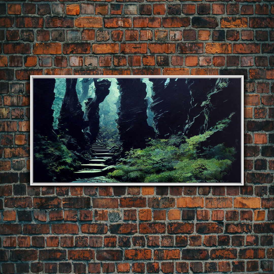 Fantasy Forest with Temple Steps, Wall Decor, Ready To Hang Framed Canvas Print, Oversize Wall Art
