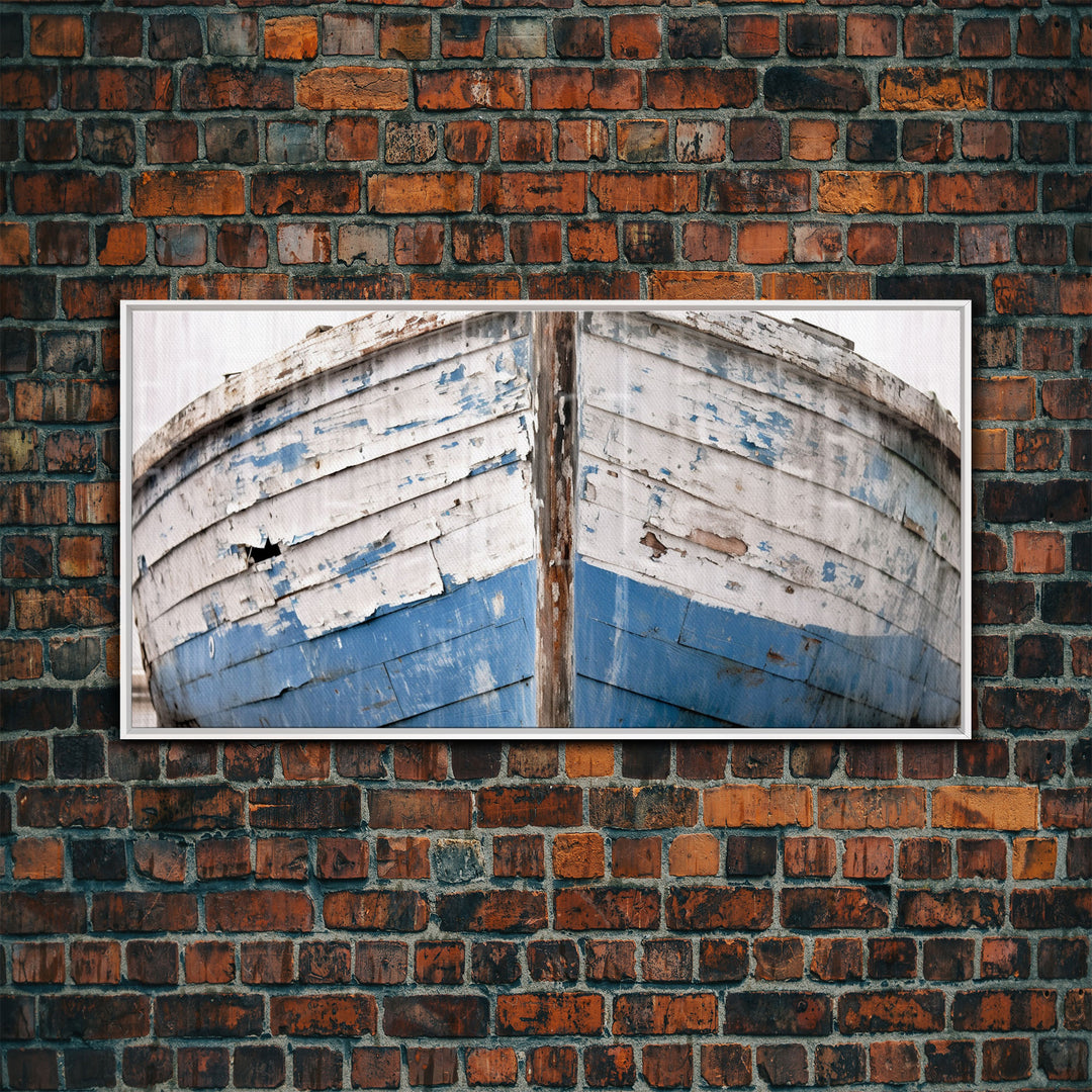 Photo Of An Old Wooden Boat With Peeling Paint, Framed Canvas Print, Nautical Wall Art, Lakehouse Decor